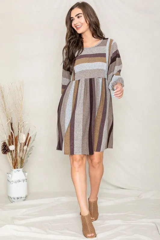 TEEK - Plus Size Mix Stripe Balloon Sleeve Dress