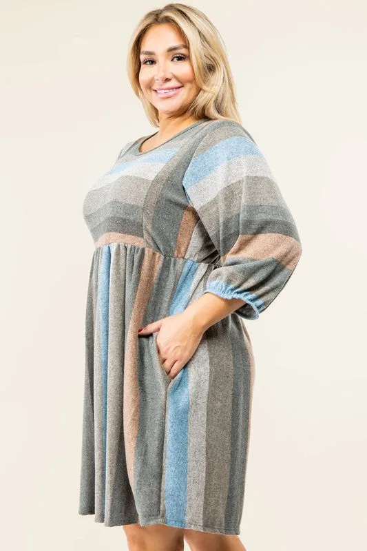 TEEK - Plus Size Mix Stripe Balloon Sleeve Dress