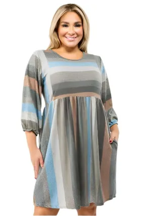 TEEK - Plus Size Mix Stripe Balloon Sleeve Dress