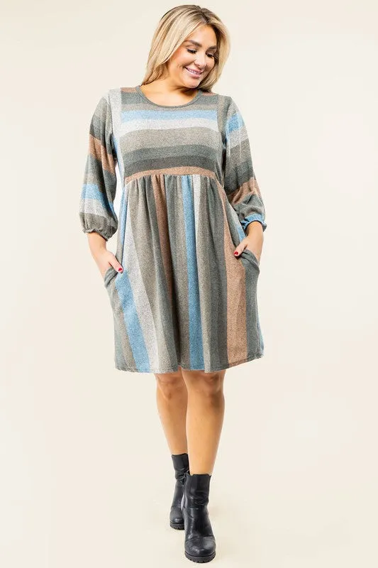 TEEK - Plus Size Mix Stripe Balloon Sleeve Dress