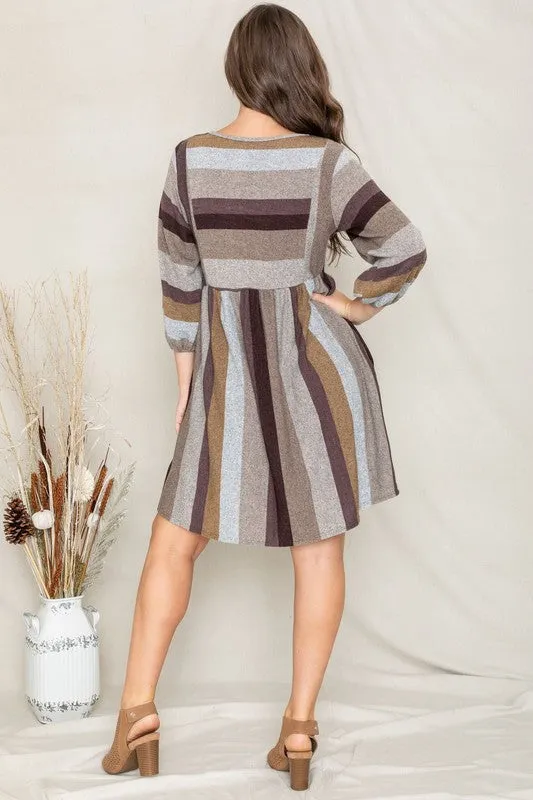 TEEK - Plus Size Mix Stripe Balloon Sleeve Dress