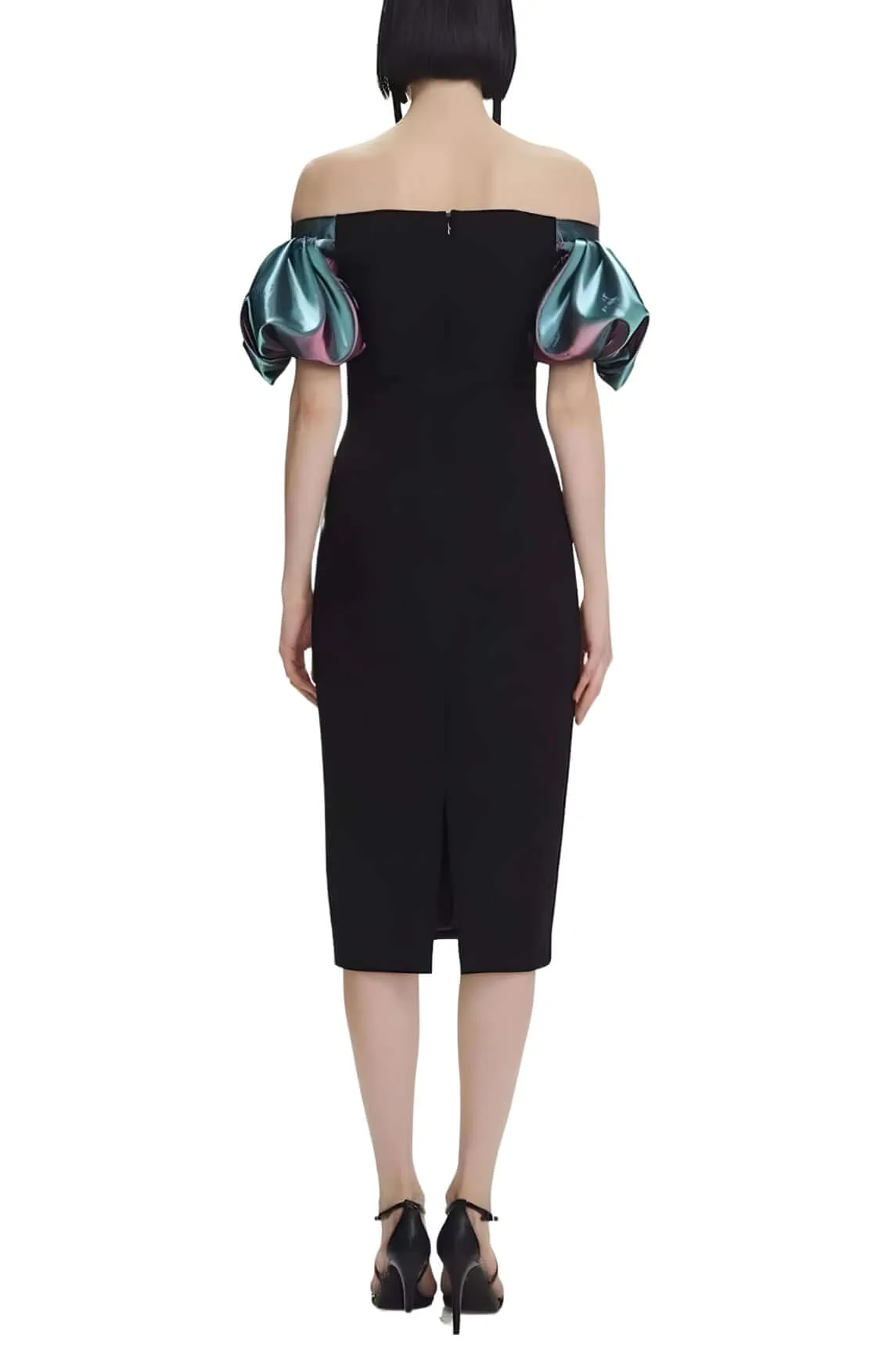 Theia Off Shoulder Short Sleeve Zipper Slit Back Crepe & Iridescent Metallic Rayon Dress