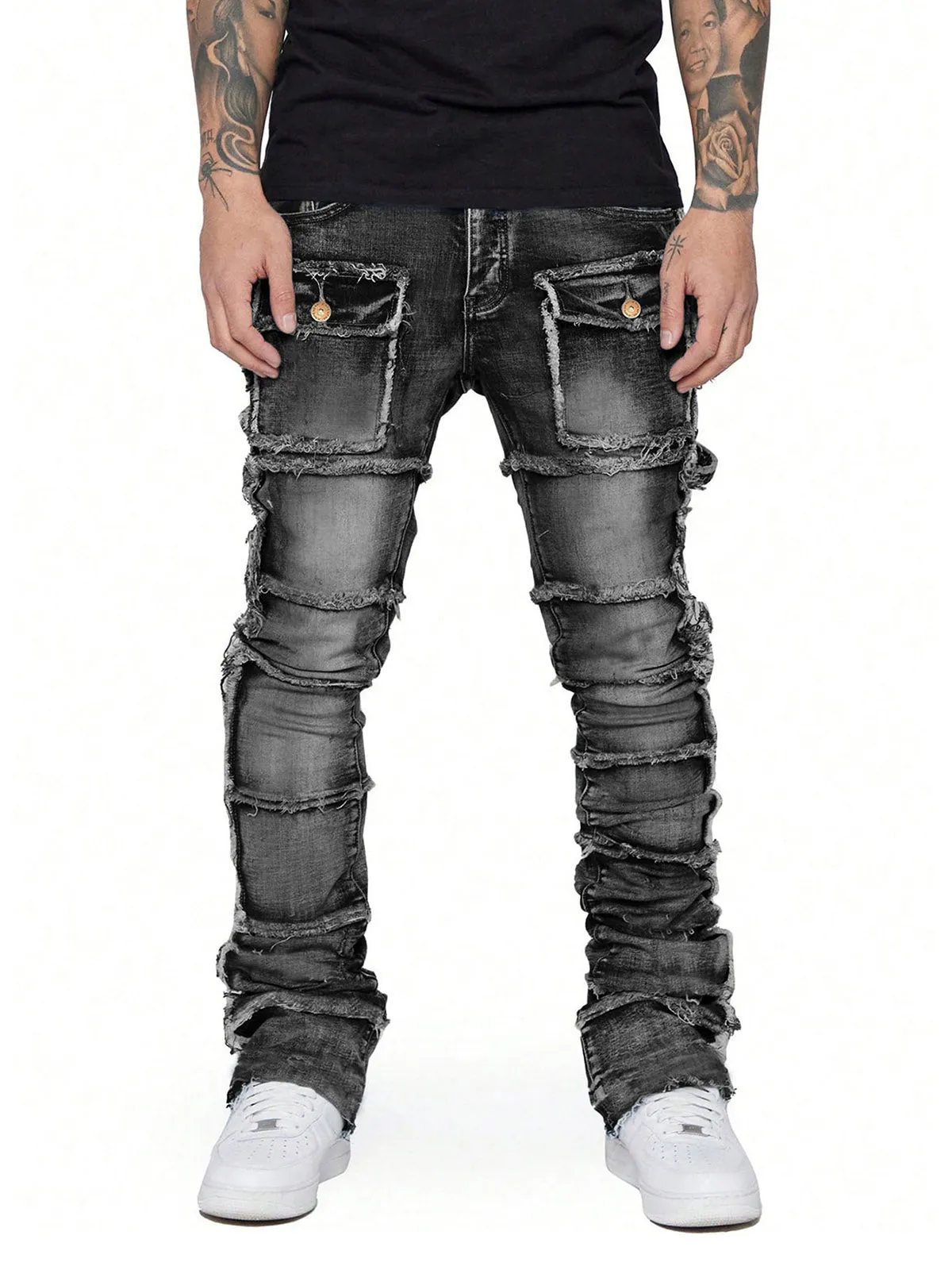 Thesupermade Stretch Patch Layered Bootcut Stacked Jeans