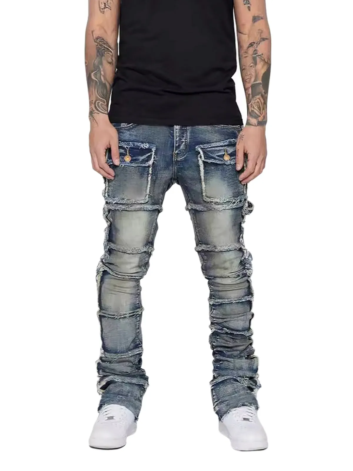 Thesupermade Stretch Patch Layered Bootcut Stacked Jeans