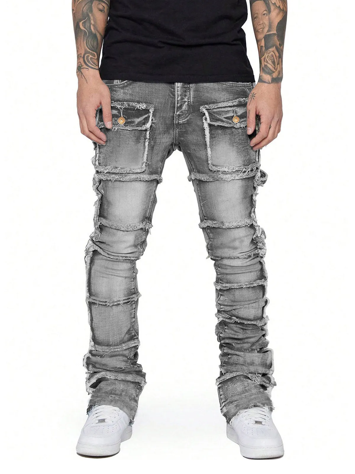 Thesupermade Stretch Patch Layered Bootcut Stacked Jeans