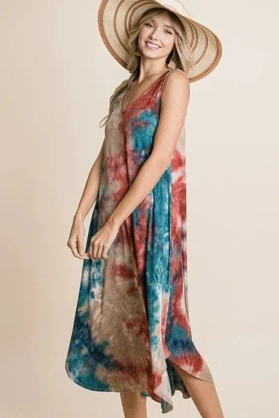 Tie Dye Ribbed Brush Sleeveless Flowy Asymmetrical Hem Midi Dress