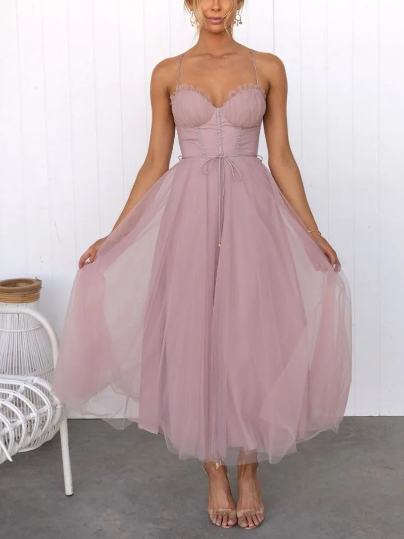 Tie Waist Criss Back Tea Length Bustier Tulle Formal Cocktail Dress