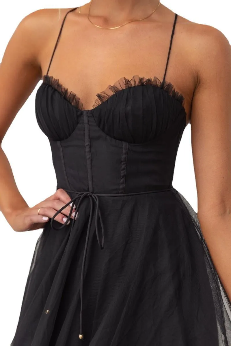 Tie Waist Criss Back Tea Length Bustier Tulle Formal Cocktail Dress