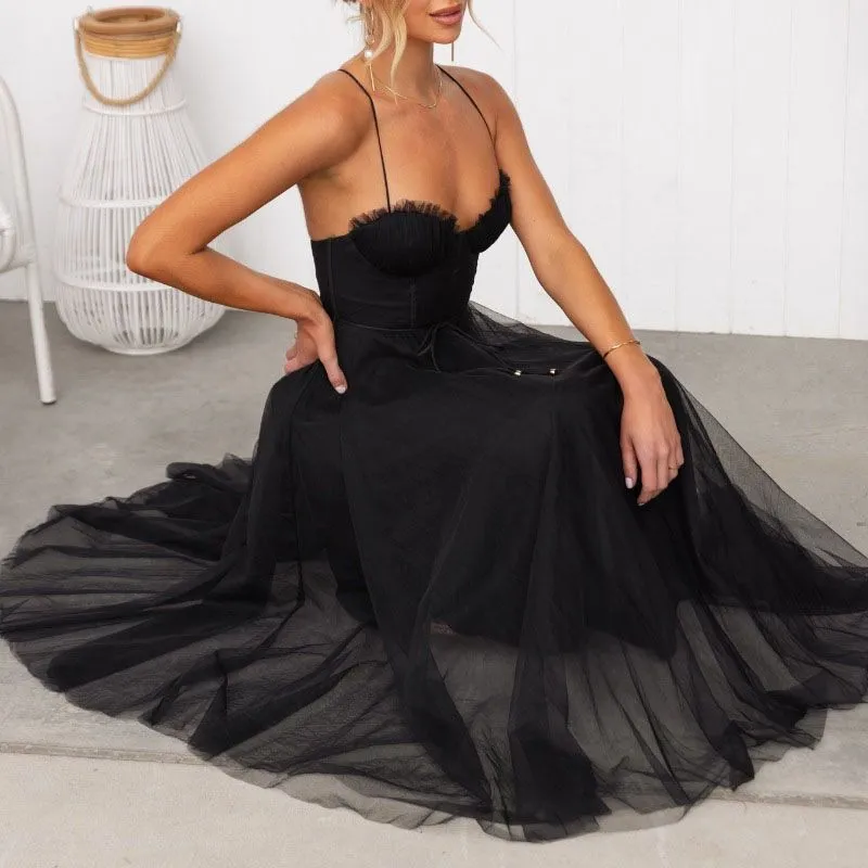 Tie Waist Criss Back Tea Length Bustier Tulle Formal Cocktail Dress