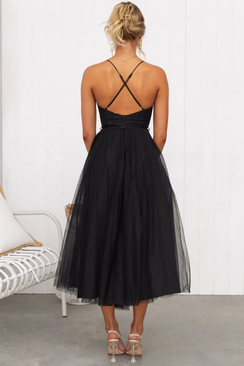 Tie Waist Criss Back Tea Length Bustier Tulle Formal Cocktail Dress