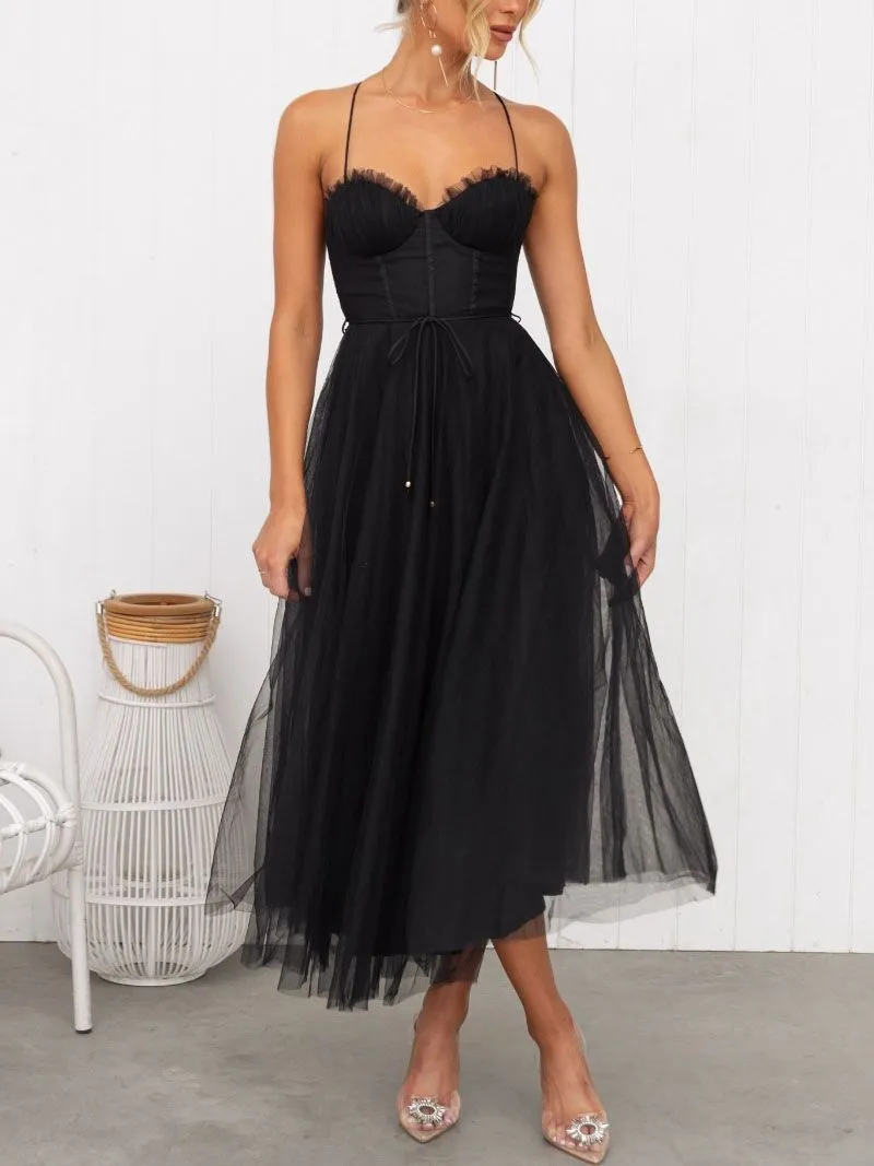 Tie Waist Criss Back Tea Length Bustier Tulle Formal Cocktail Dress