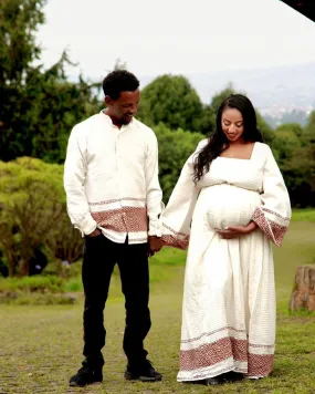 Timeless Elegance in Cream and Red Matching Habesha Attire: Modern Traditional Ethiopian Outfit for Couples