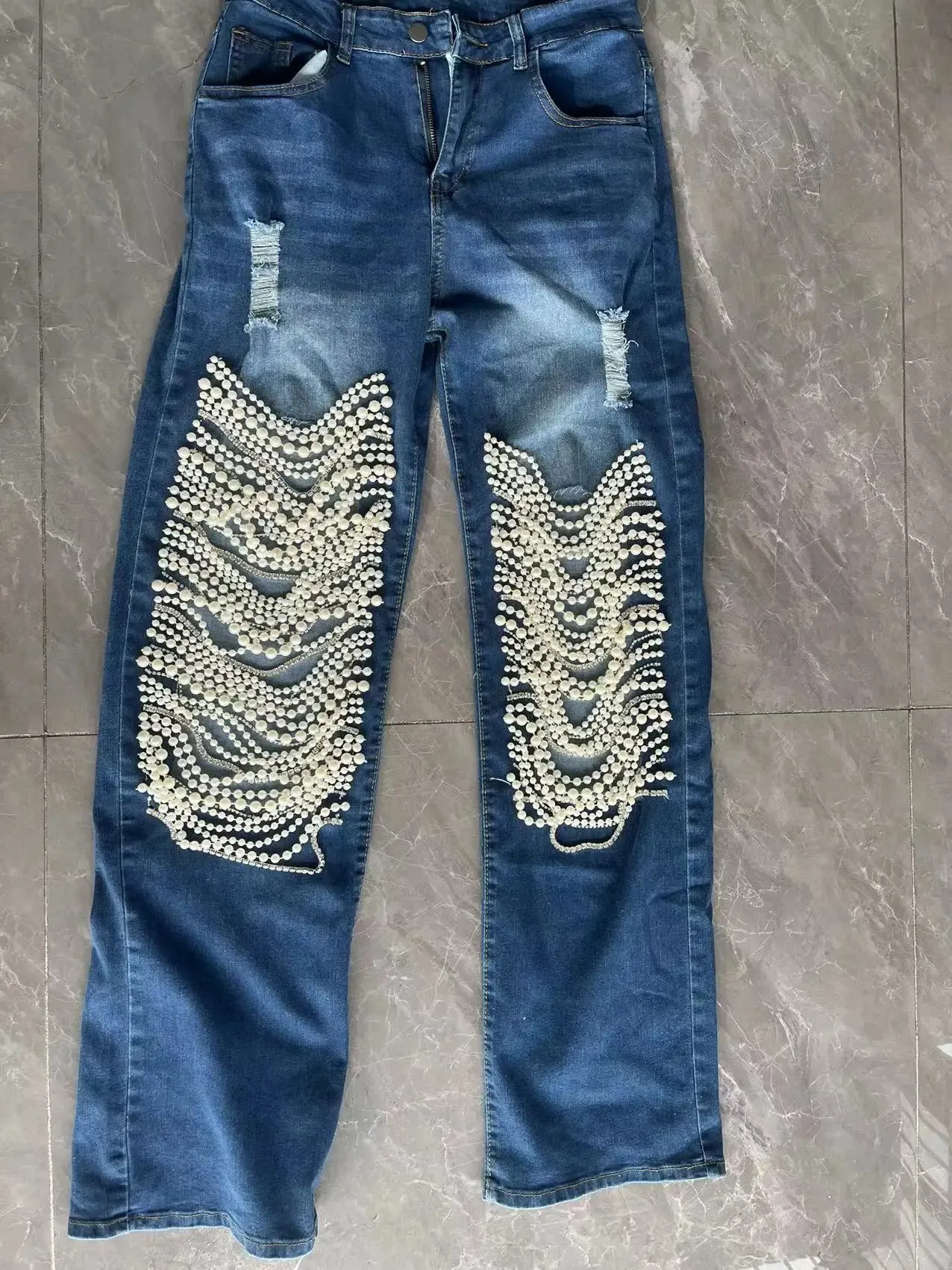 Trendy Pearl Hollow Out High Waist Jeans