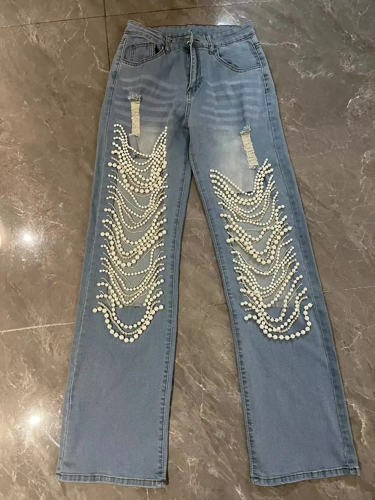 Trendy Pearl Hollow Out High Waist Jeans