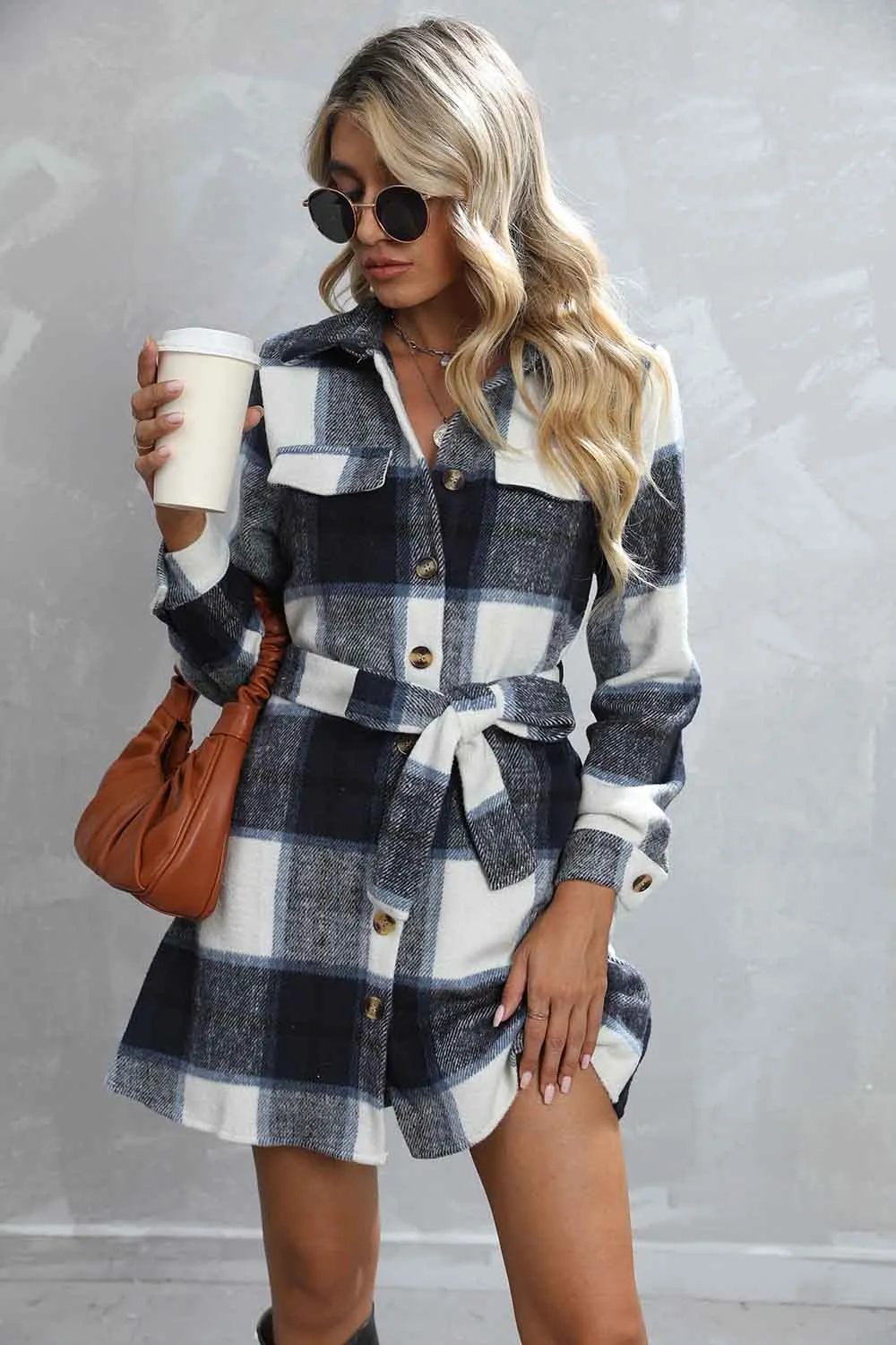 Turn Down Shawl Collar Button Plaid Long Jackets With Waist Belt