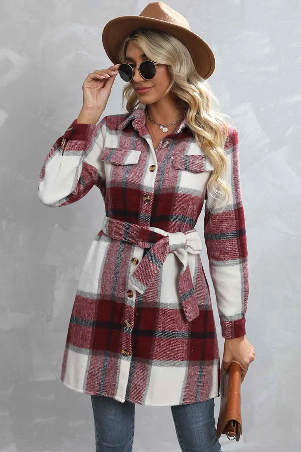 Turn Down Shawl Collar Button Plaid Long Jackets With Waist Belt