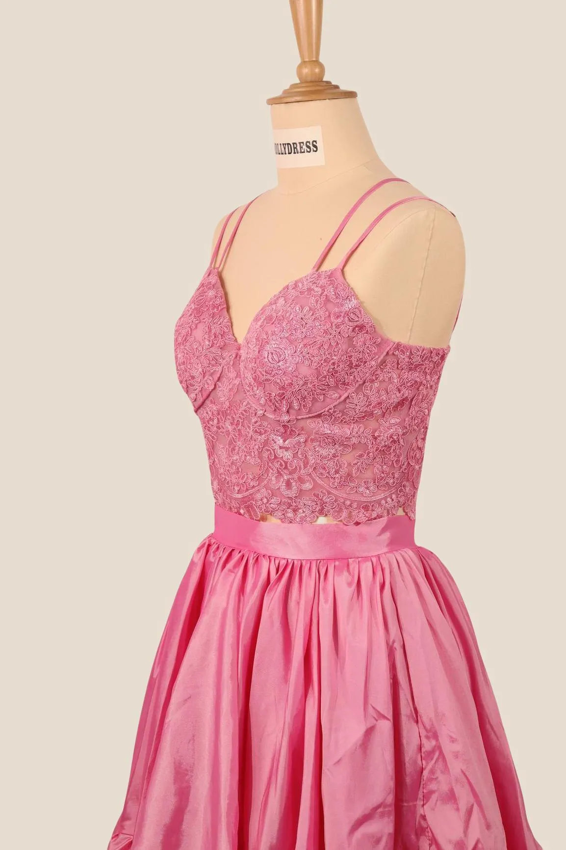 Two Pieces Pink Lace Appliques Short Dress