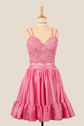 Two Pieces Pink Lace Appliques Short Dress