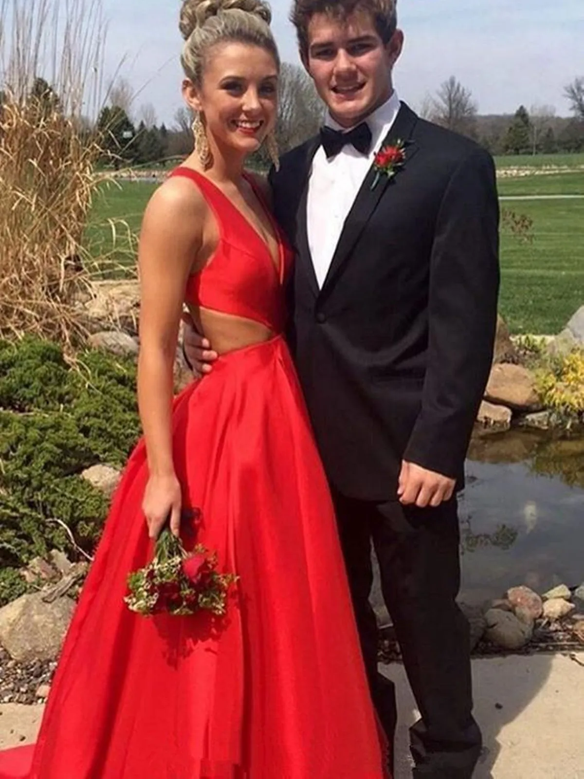 Unique V Neck Red Satin Long Prom, V Neck Red Formal, Red Evening