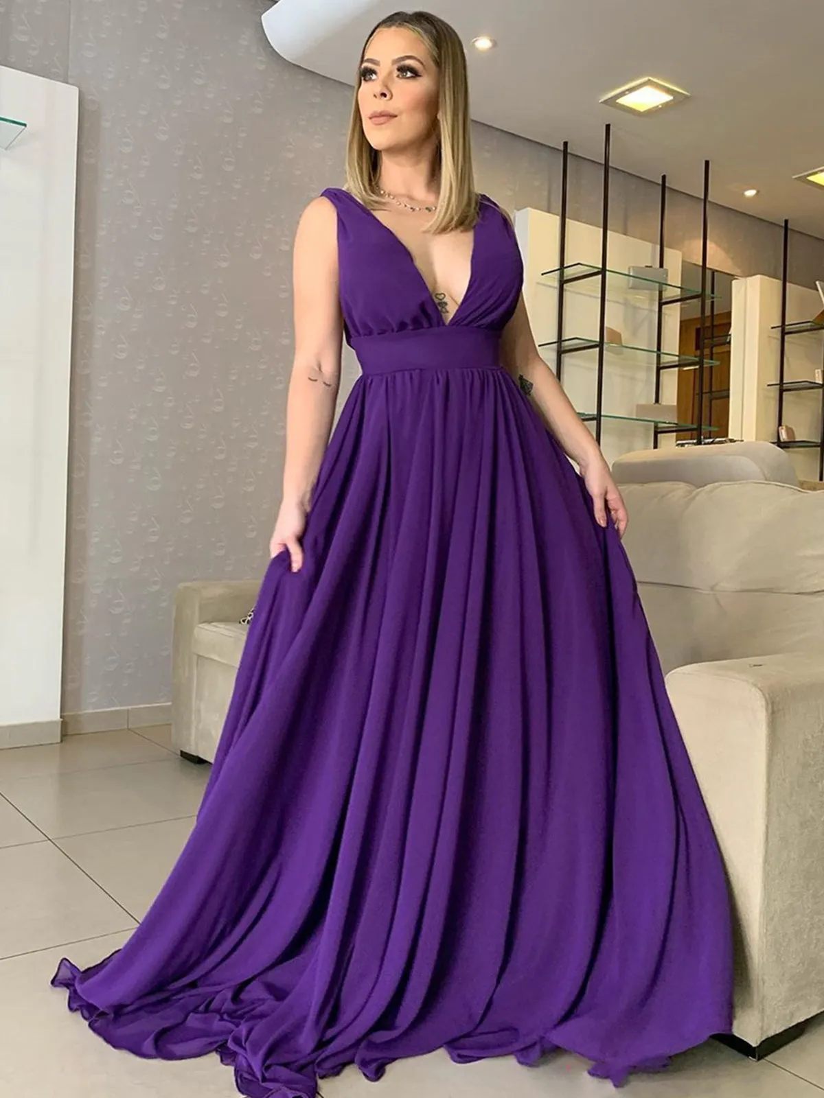 V Neck and V Back Purple Chiffon Long Prom Dresses, V Neck Purple Bridesmaid Dresses, Purple Formal Evening Dresses