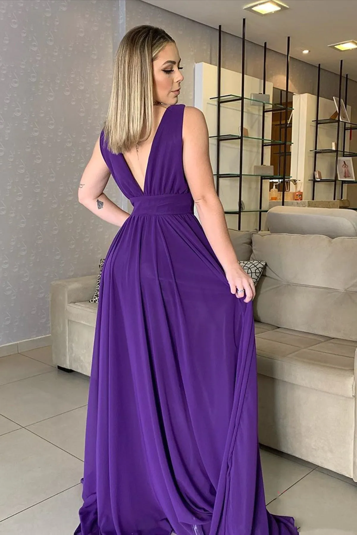 V Neck and V Back Purple Chiffon Long Prom Dresses, V Neck Purple Bridesmaid Dresses, Purple Formal Evening Dresses