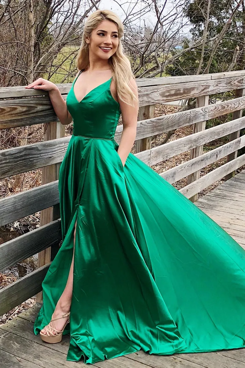 V Neck Backless Green Satin Long Prom Dress 2020 with Slit, Backless Green Formal Graduation Evening Dress