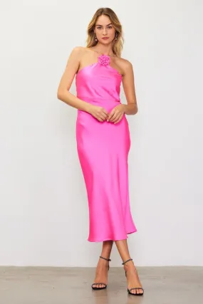 Vanessa Diamante Strap Satin Slip Halter Dress - Neon Pink