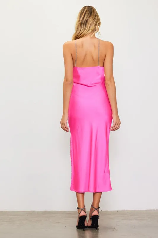 Vanessa Diamante Strap Satin Slip Halter Dress - Neon Pink