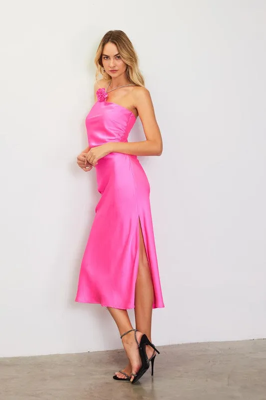 Vanessa Diamante Strap Satin Slip Halter Dress - Neon Pink