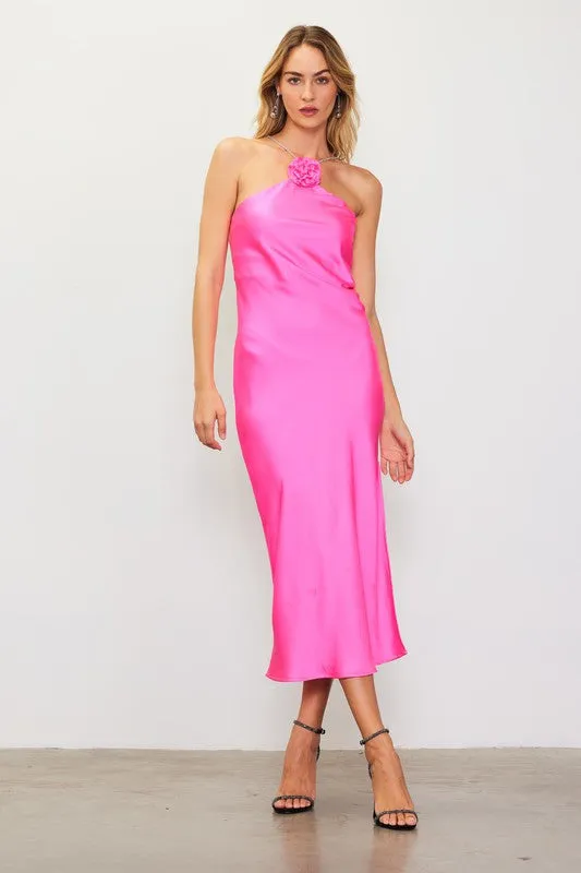 Vanessa Diamante Strap Satin Slip Halter Dress - Neon Pink