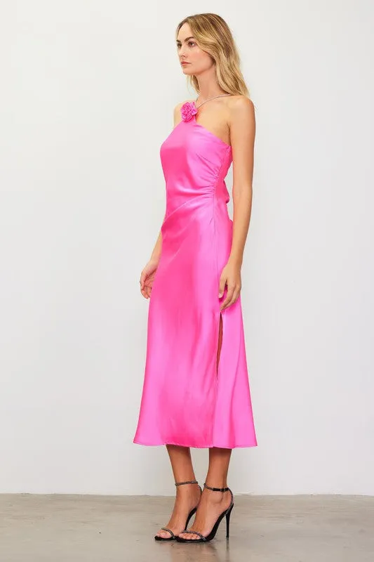 Vanessa Diamante Strap Satin Slip Halter Dress - Neon Pink