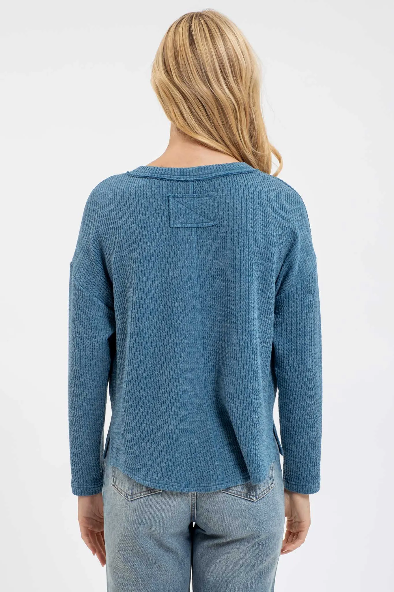 WAFFLE KNIT HENLEY LONG SLEEVE KNIT TOP