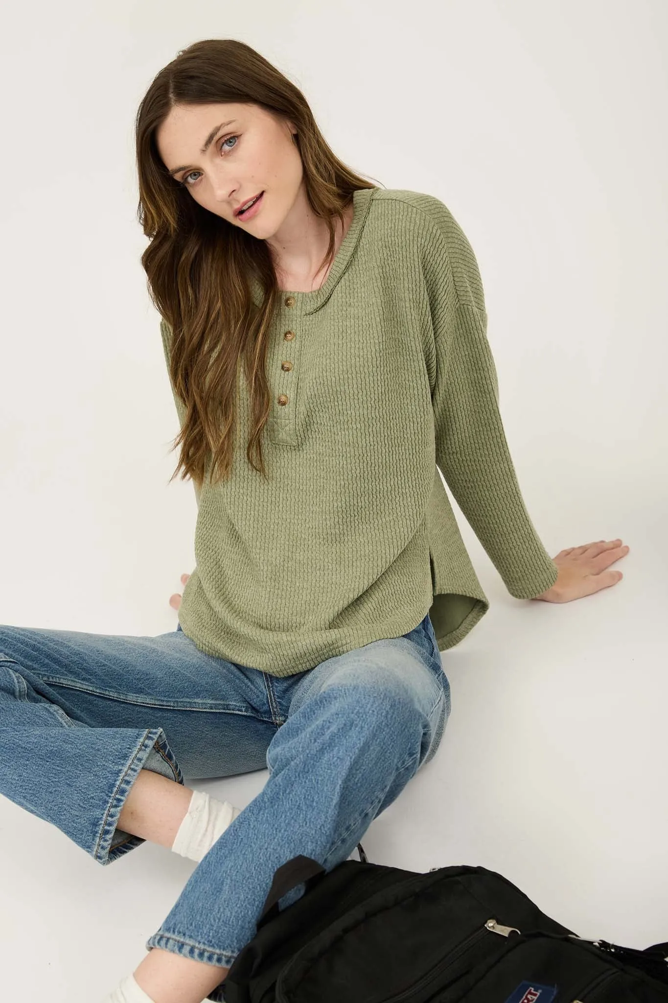 WAFFLE KNIT HENLEY LONG SLEEVE KNIT TOP