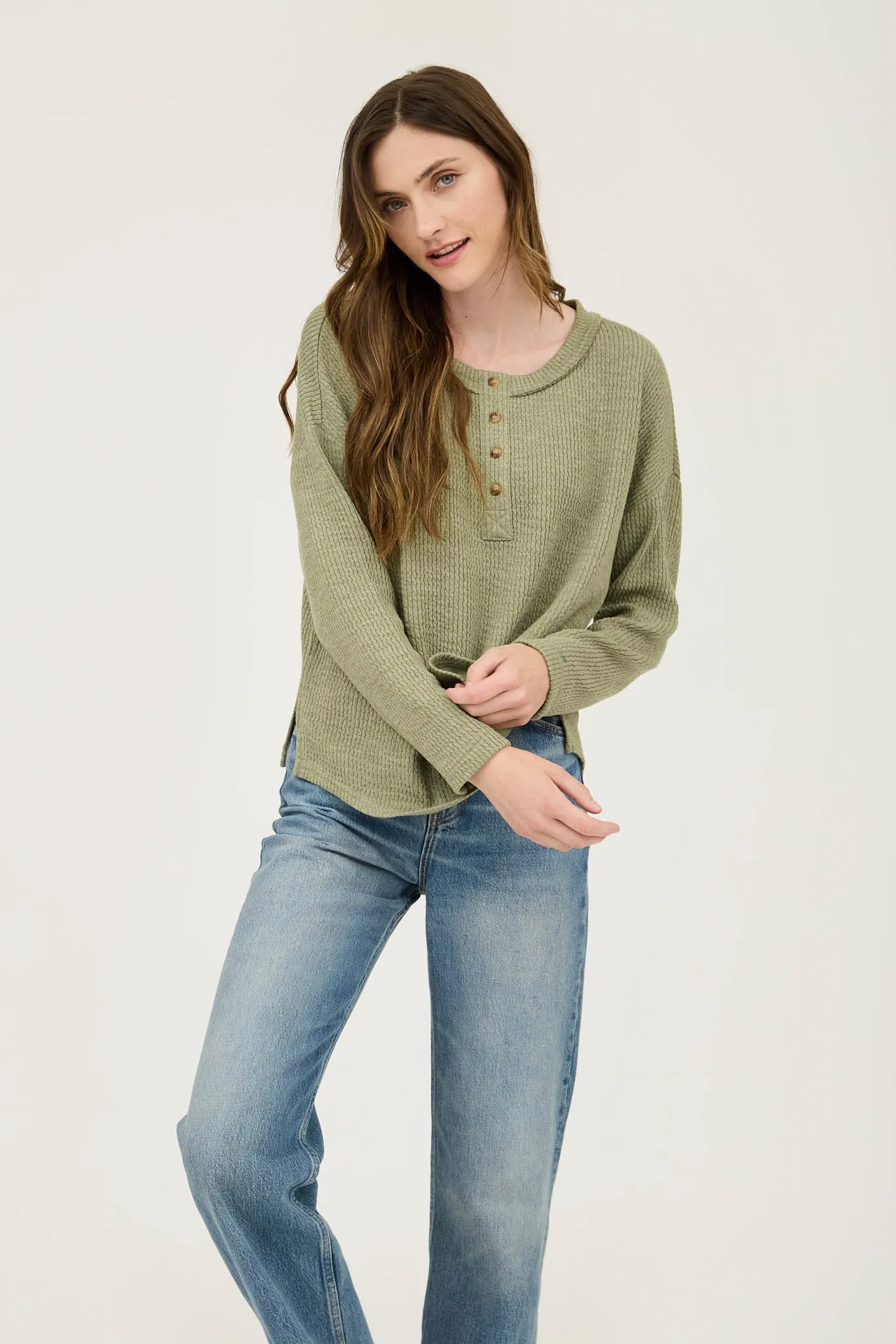 WAFFLE KNIT HENLEY LONG SLEEVE KNIT TOP