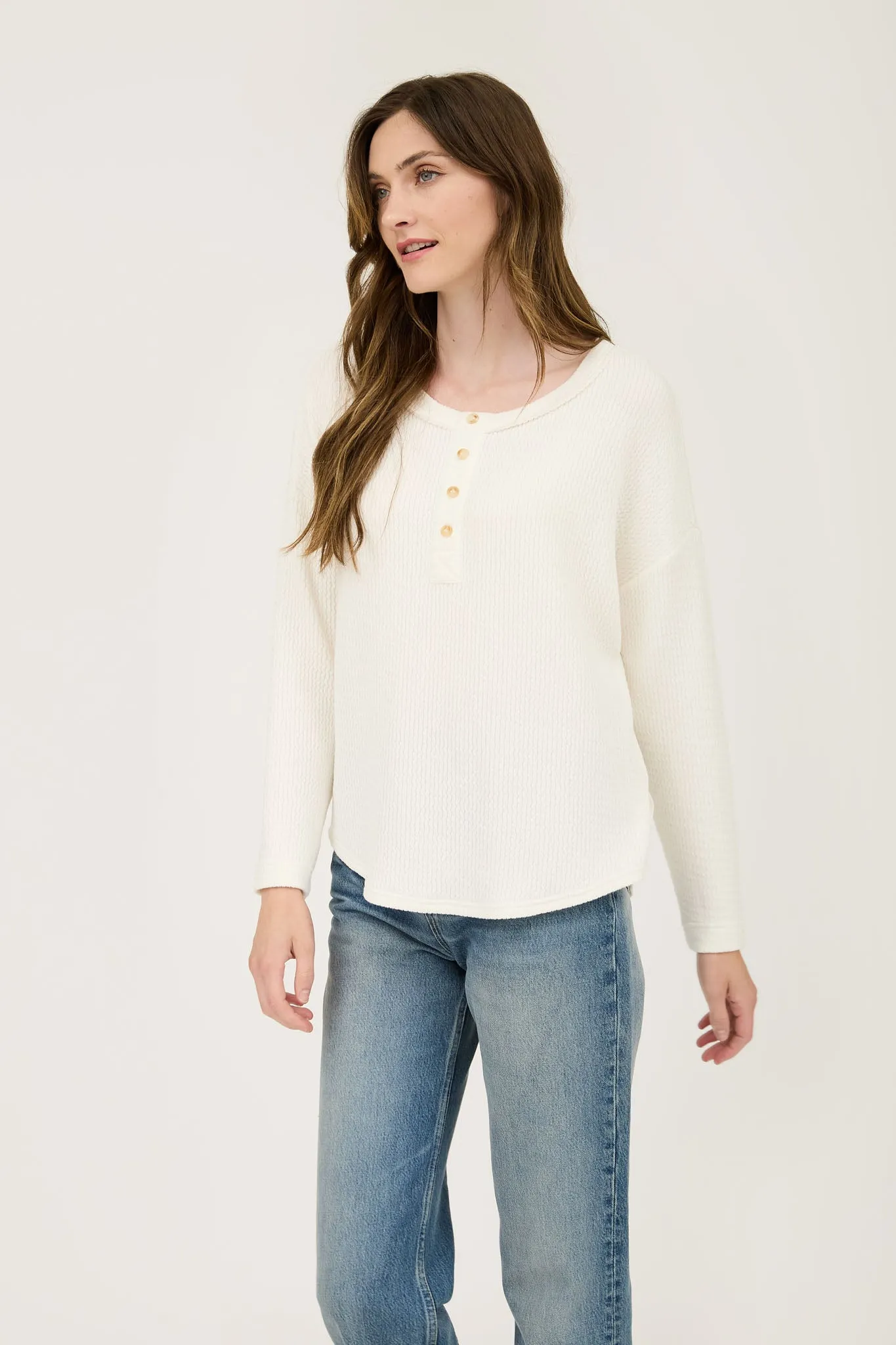 WAFFLE KNIT HENLEY LONG SLEEVE KNIT TOP