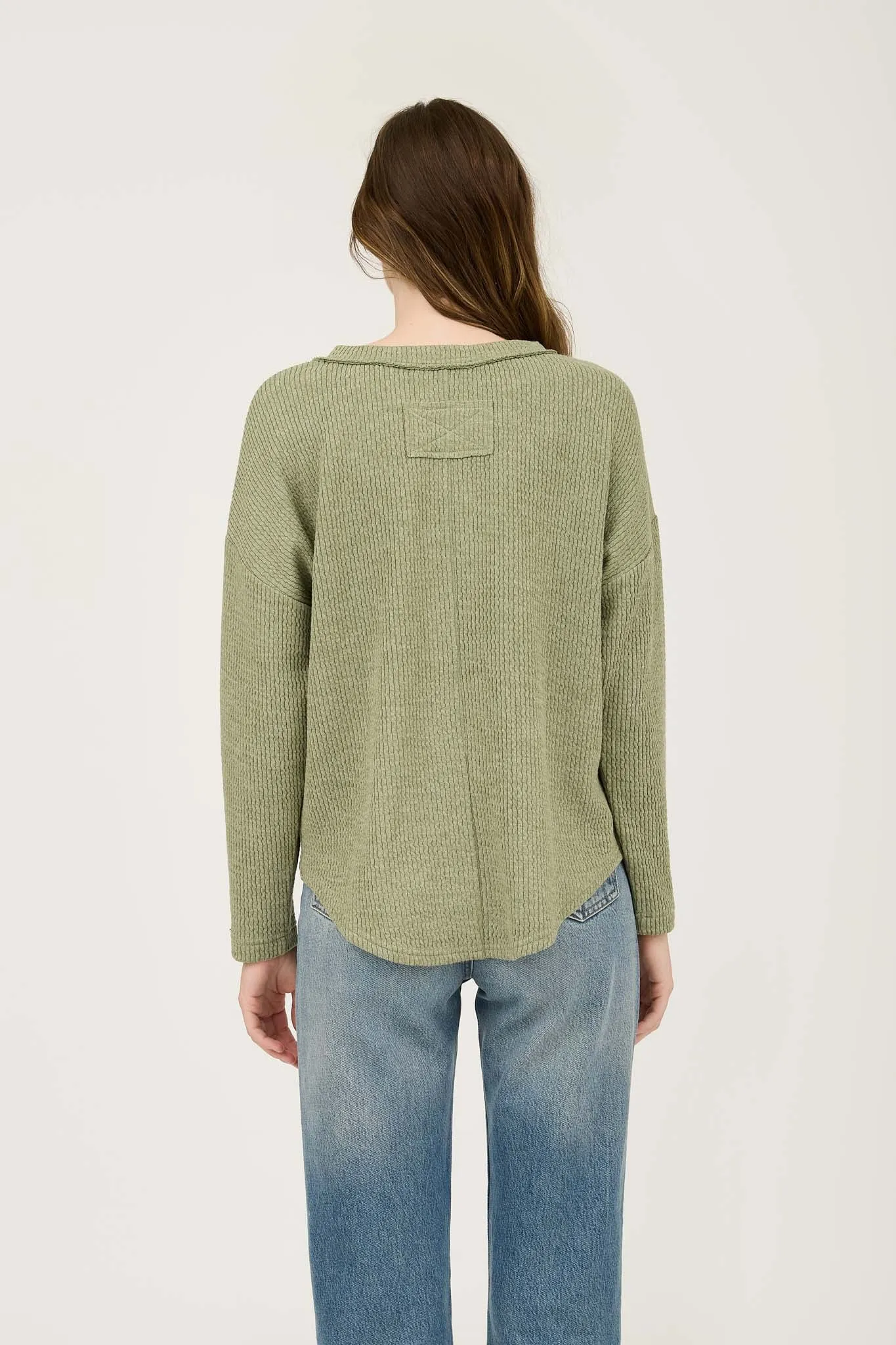 WAFFLE KNIT HENLEY LONG SLEEVE KNIT TOP