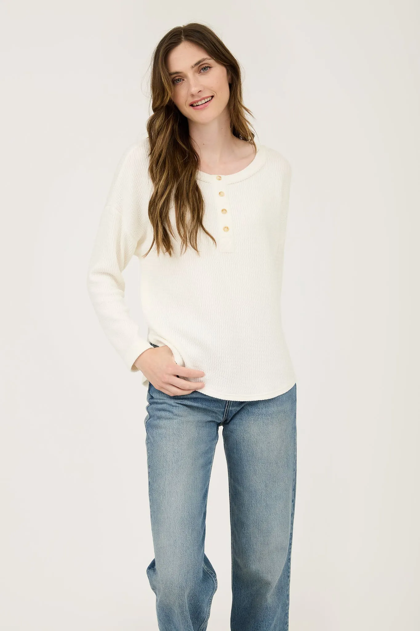 WAFFLE KNIT HENLEY LONG SLEEVE KNIT TOP