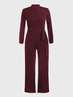 Waist Lace-Up Buttoned Jumpsuit (Wine Red)