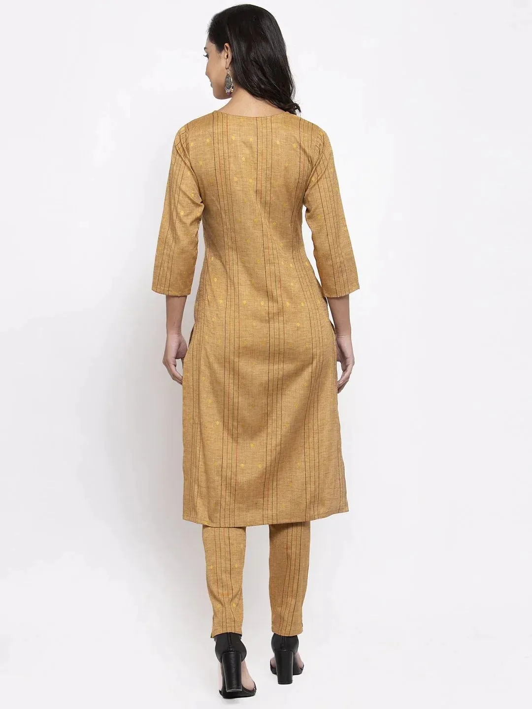 Women Beige & Black Striped Kurta With Trousers & Green Printed Dupatta