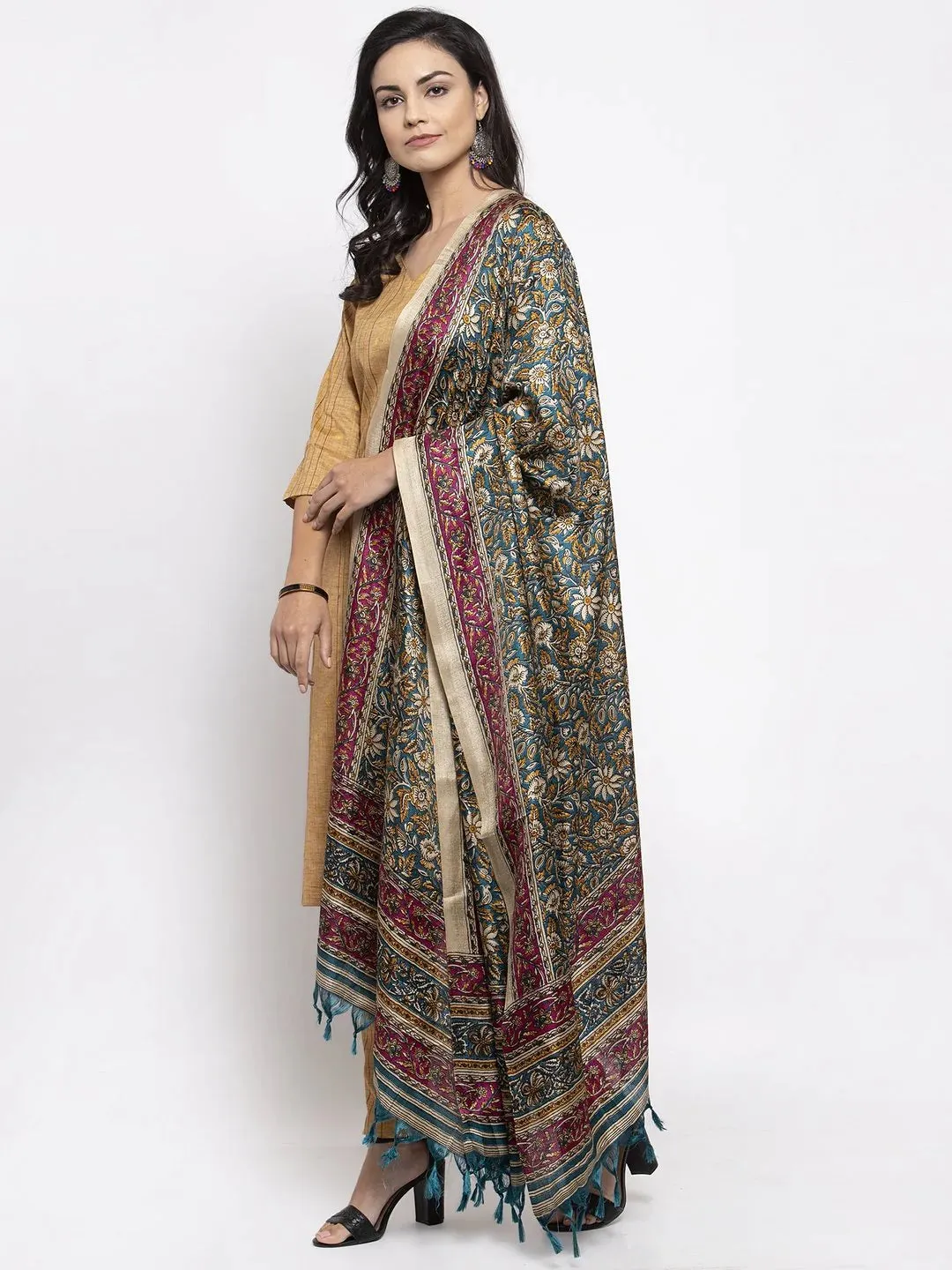 Women Beige & Black Striped Kurta With Trousers & Green Printed Dupatta