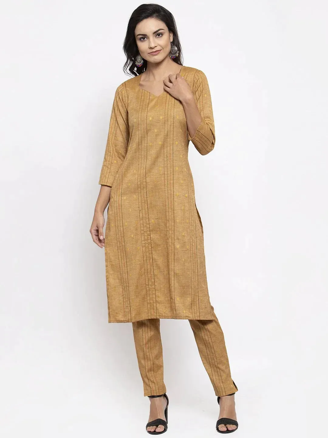 Women Beige & Black Striped Kurta With Trousers & Green Printed Dupatta