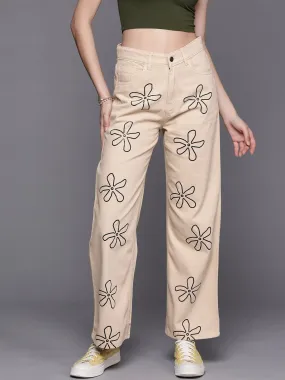 Women Beige Floral Print Straight Jeans