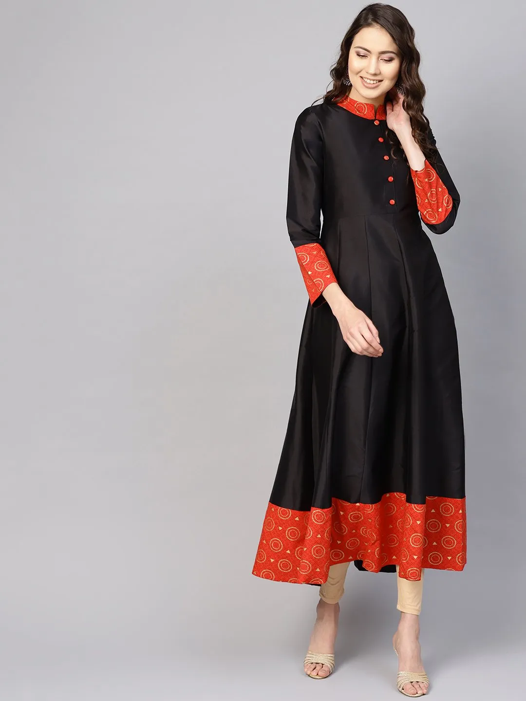 Women Black & Red Solid Midi Fit And Flare Dress