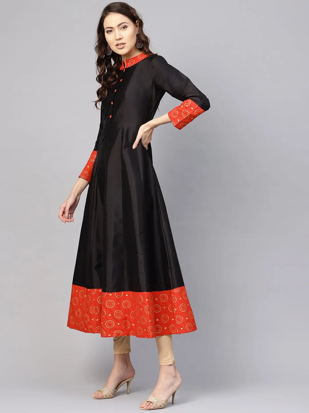 Women Black & Red Solid Midi Fit And Flare Dress