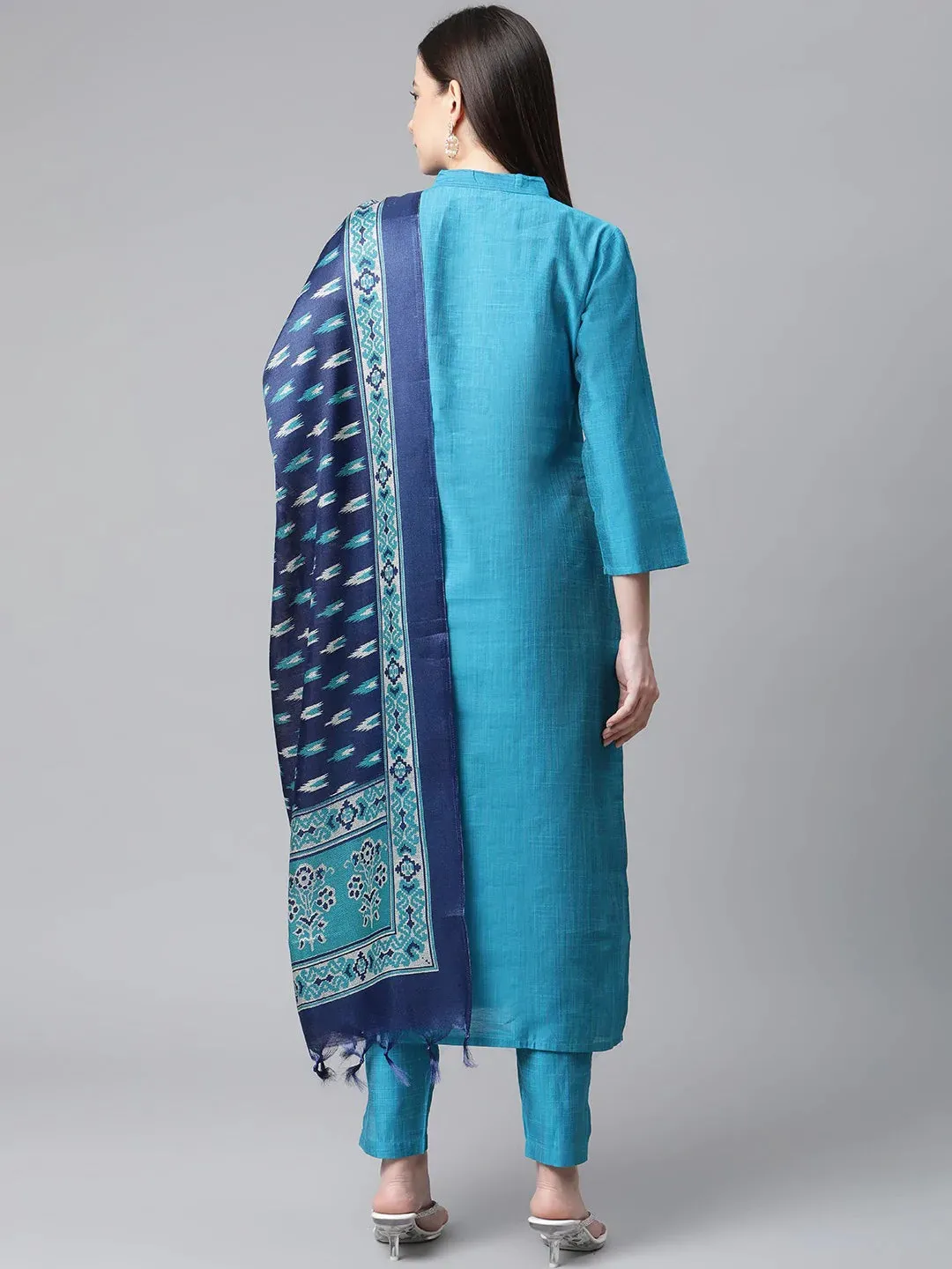 Women Blue & Green Self-Striped Kurta With Trousers & Printed Art Silk Dupatta