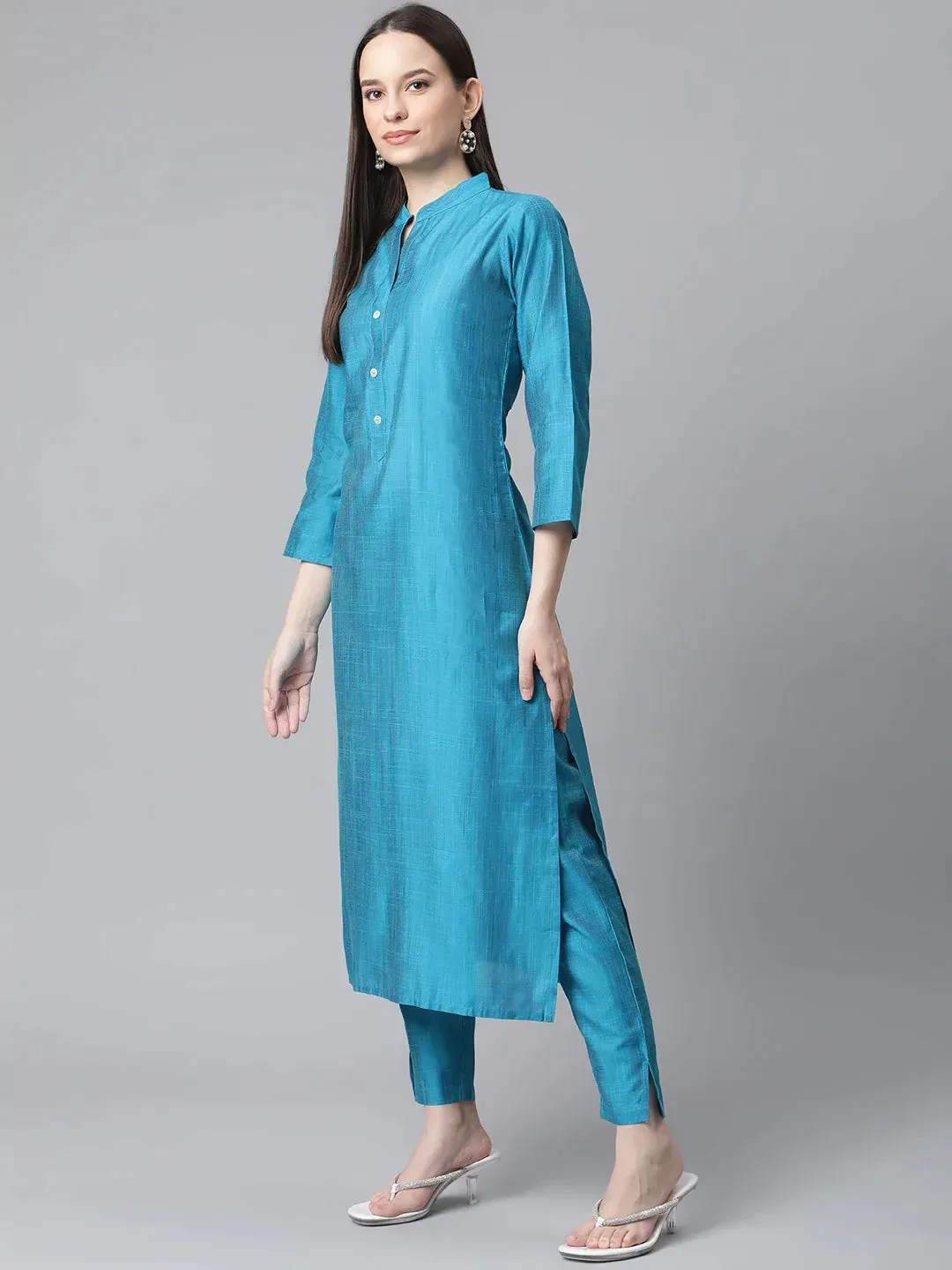 Women Blue & Green Self-Striped Kurta With Trousers & Printed Art Silk Dupatta