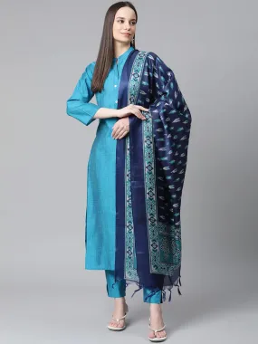 Women Blue & Green Self-Striped Kurta With Trousers & Printed Art Silk Dupatta