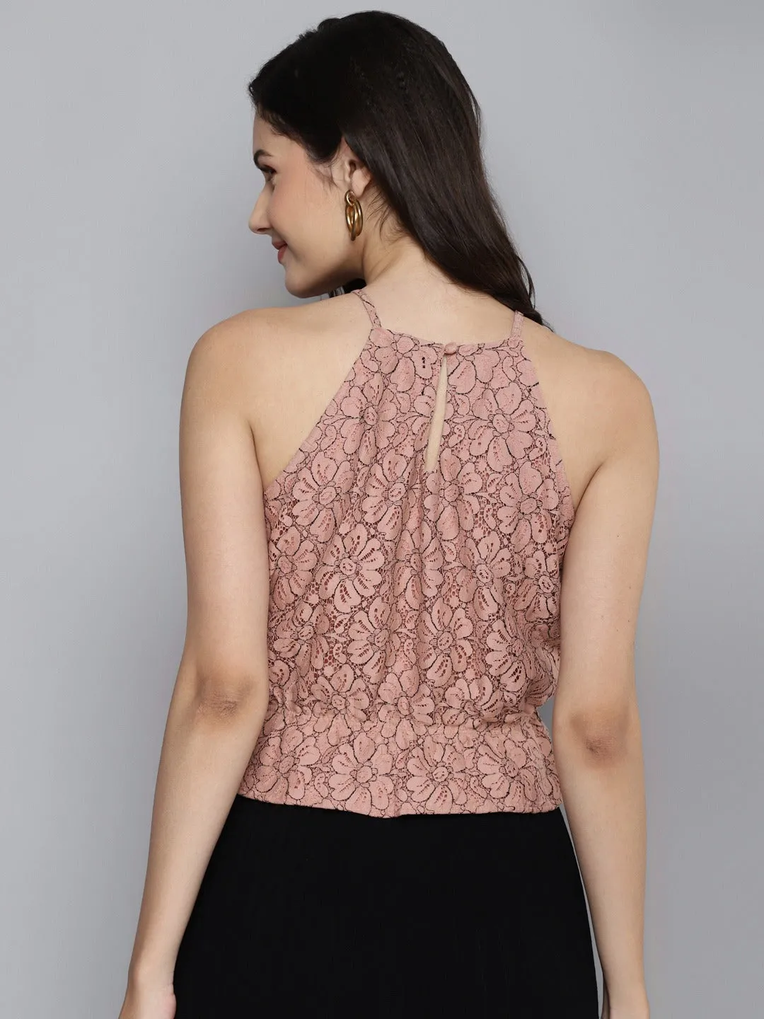 Women Dusty Pink Lace Halter Neck Crop Top