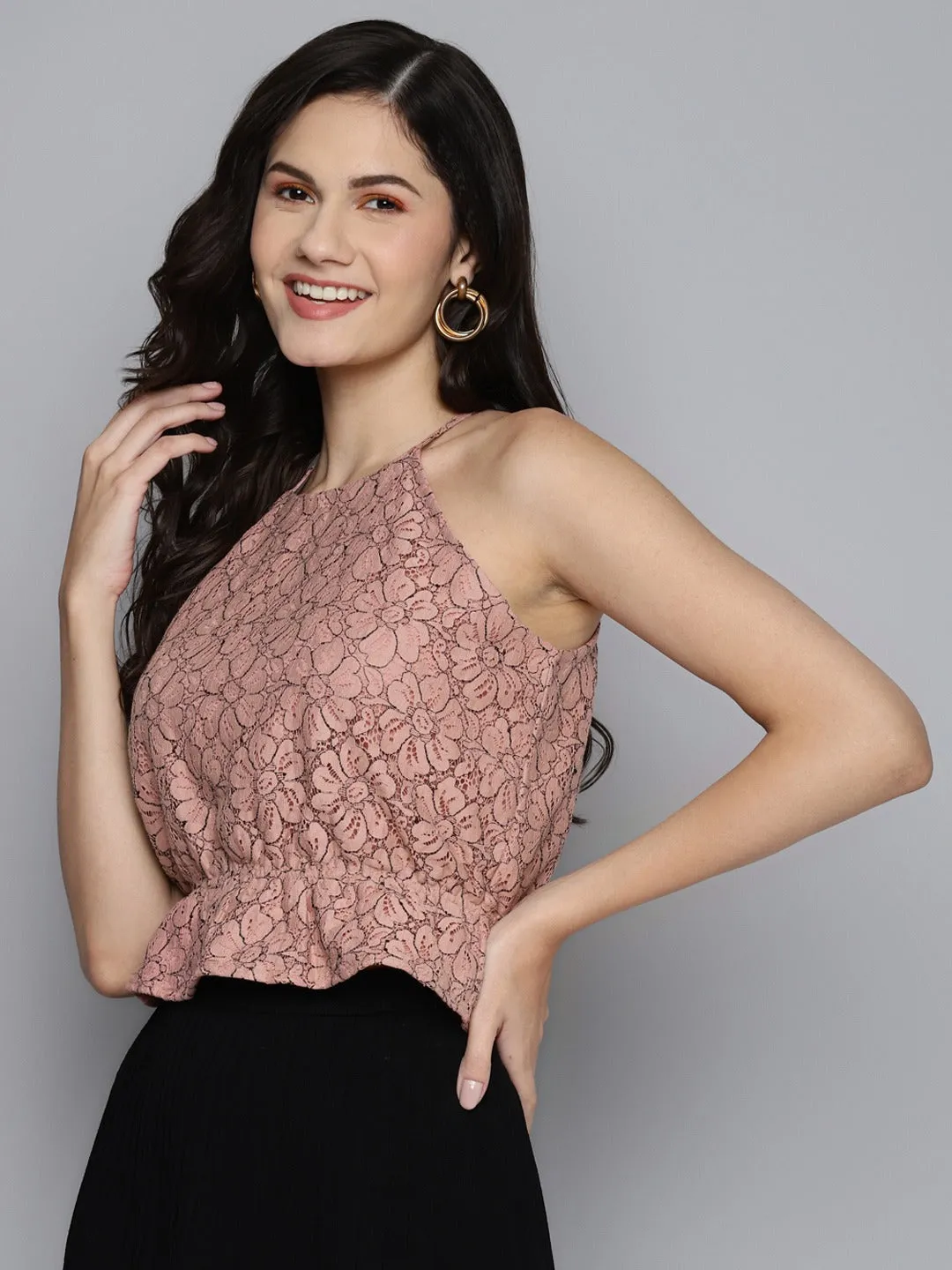 Women Dusty Pink Lace Halter Neck Crop Top