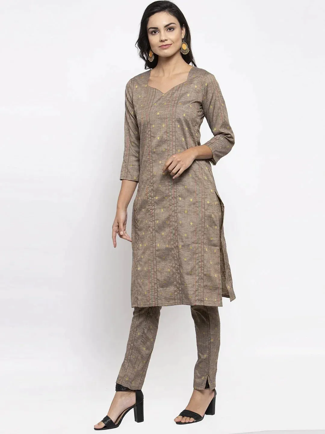 Women Grey Striped Kurta With Trousers & Mustard Printed Dupatta